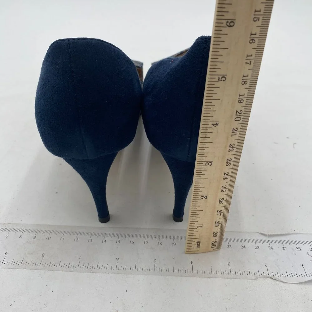 YDN Alligater Navy Mid Heels Slip on Loafer Pumps Pointy Toe Slide Suede Shoes - Picture 5 of 8